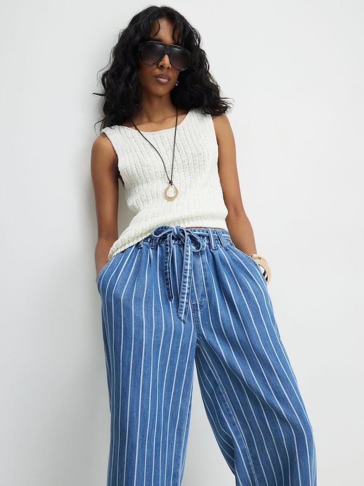 River Island Blue Mid Rise Stripe Wide Leg Paperbag Jeans - Image 1 of 4 River Island Blue Mid Rise Stripe Wide Leg Paperbag Jeans - Image 1 of 4