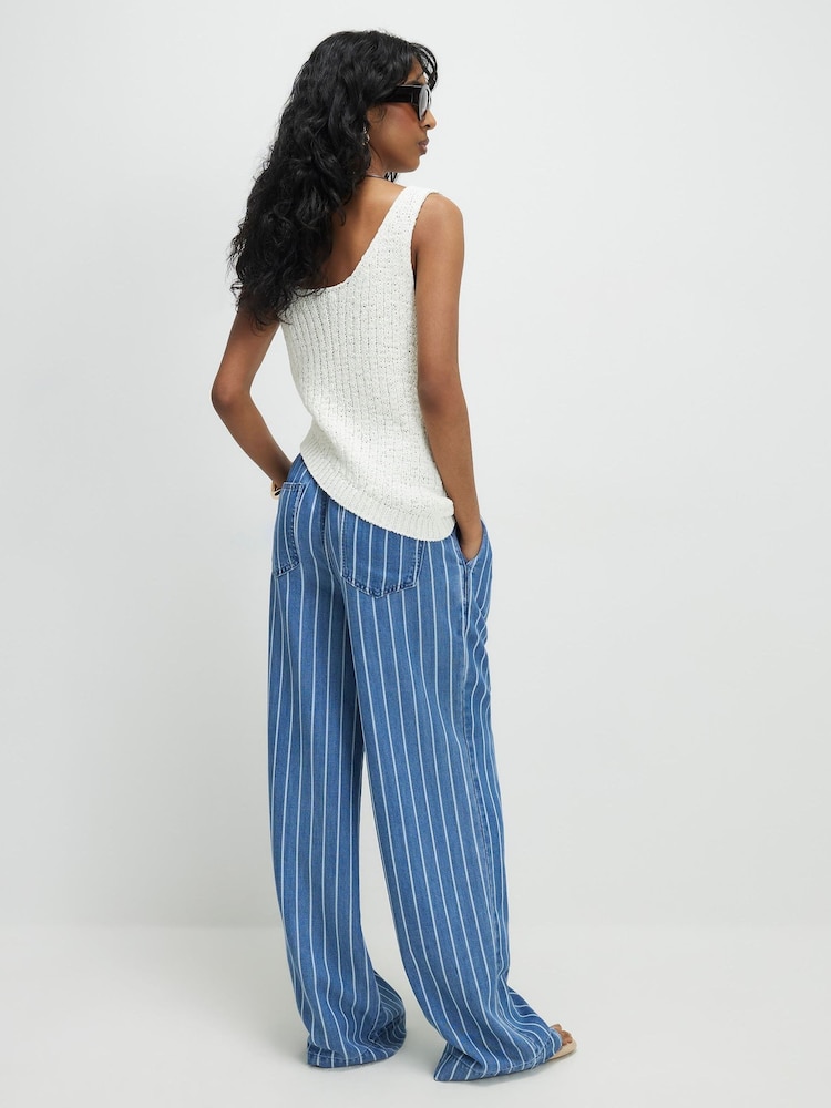 River Island Blue Mid Rise Stripe Wide Leg Paperbag Jeans - Image 2 of 4 River Island Blue Mid Rise Stripe Wide Leg Paperbag Jeans - Image 2 of 4