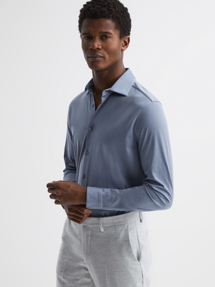 Reiss Airforce Blue King Mercerised Cotton Button-Through Shirt - Image 1 of 7 Reiss Airforce Blue King Mercerised Cotton Button-Through Shirt - Image 1 of 7