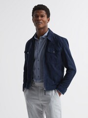 Reiss Airforce Blue King Mercerised Cotton Button-Through Shirt - Image 7 of 7