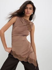 River Island Brown Sleeveless Lace Trim Asymmetric Tunic Top - Image 1 of 4