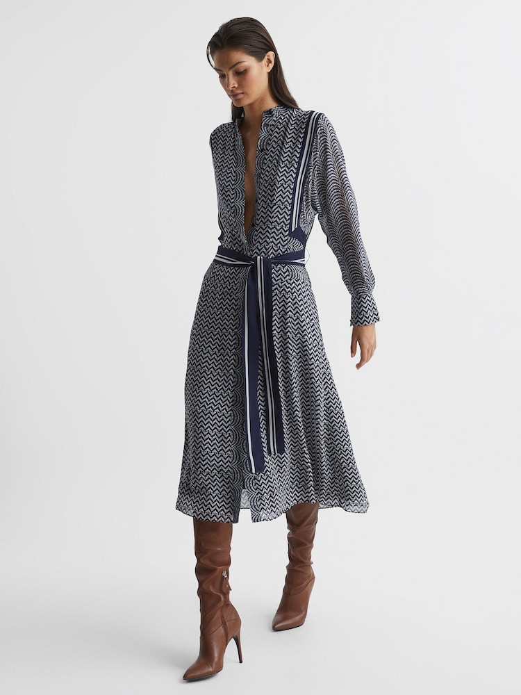 Reiss Navy Tanya Petite Mixed Print Midi Dress - Image 1 of 8