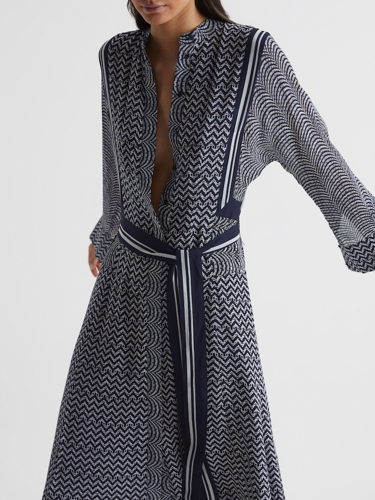 Reiss Navy Tanya Petite Mixed Print Midi Dress - Image 2 of 8