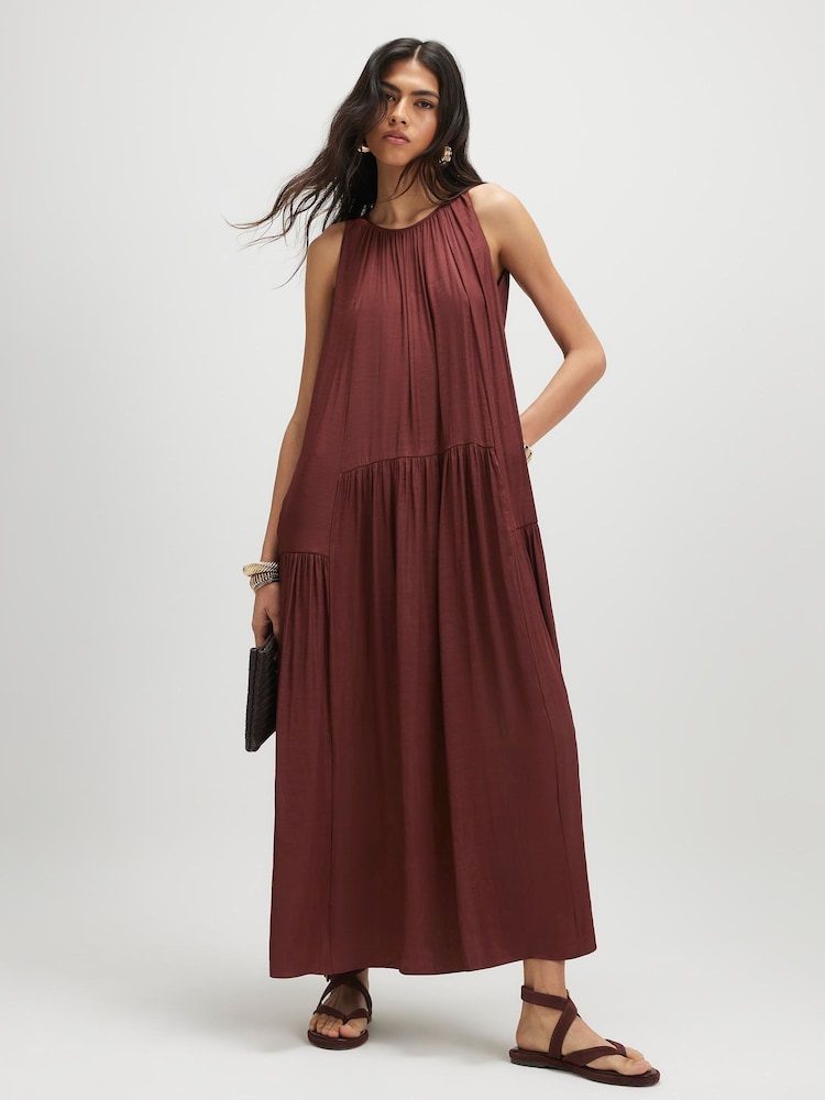 River Island Brown Sleeveless Satin Halter Neck Dress - Image 1 of 4 River Island Brown Sleeveless Satin Halter Neck Dress - Image 1 of 4