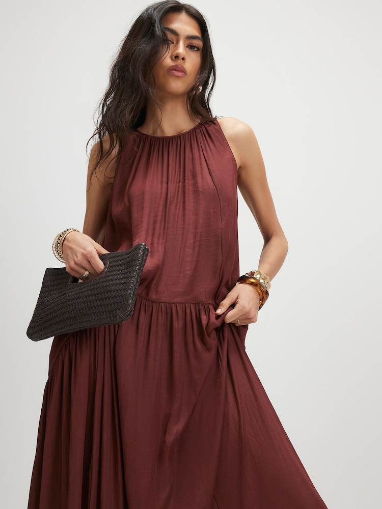 river island brown dress Brown Sleeveless Bubble Hem Racer Midi Dress