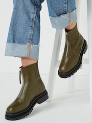 Khaki Green Forever Comfort® Leather Chunky Front Zip Boots - Image 1 of 5