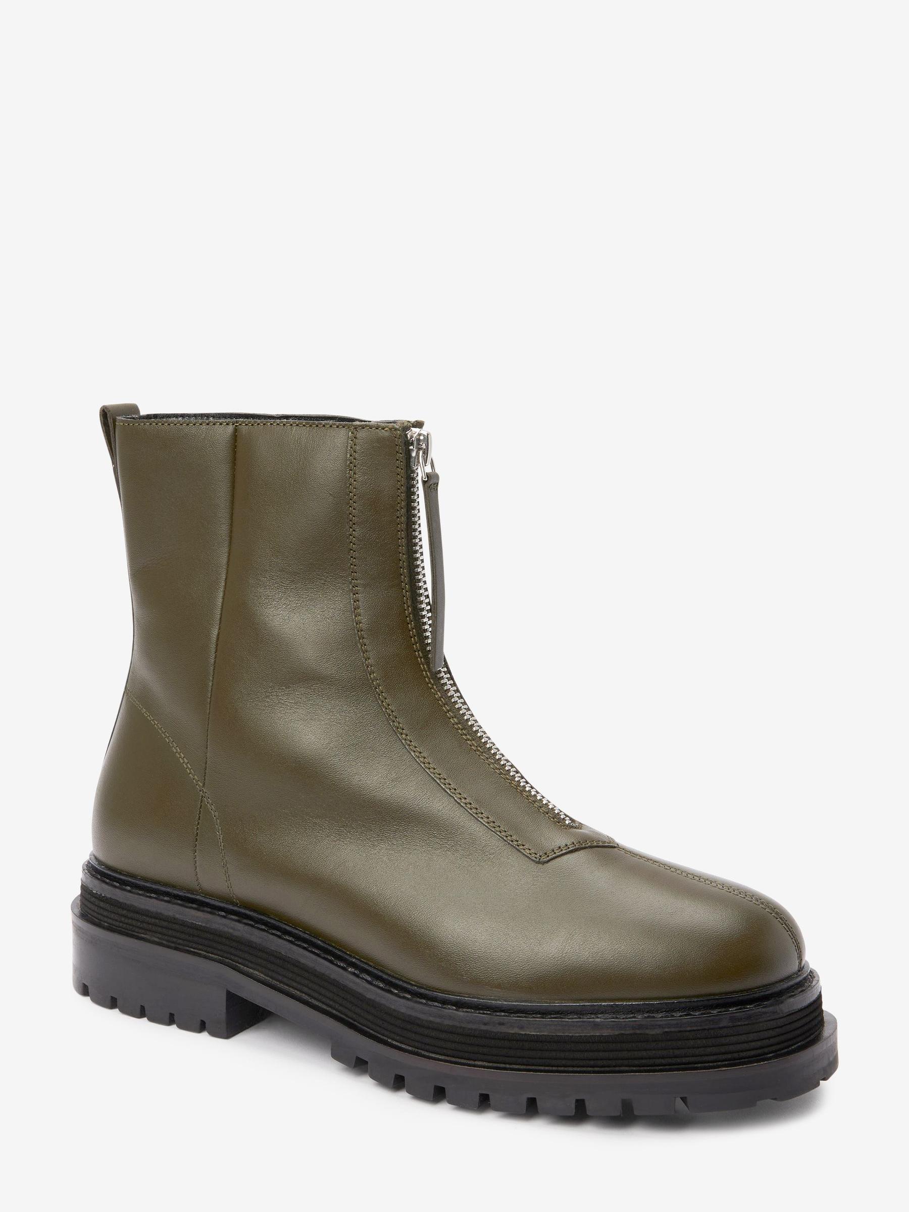 Buy Khaki Green Forever Comfort® Leather Chunky Front Zip