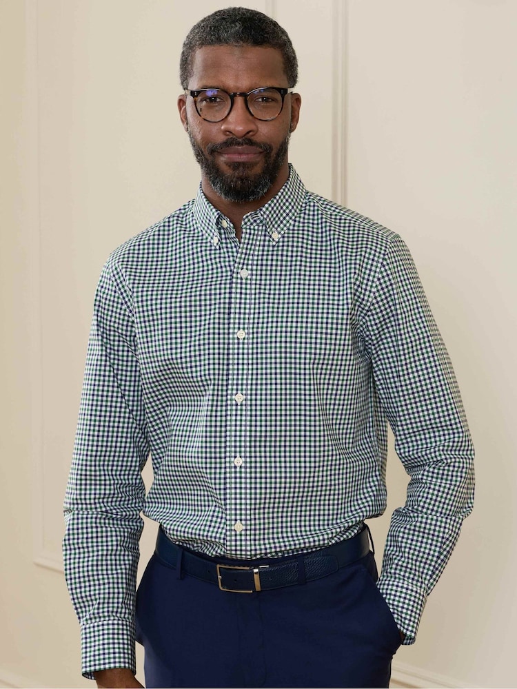 Savile Row Company Green Slim Fit Cotton Poplin Gingham Check Casual Shirt - Image 2 of 5 Savile Row Company Green Slim Fit Cotton Poplin Gingham Check Casual Shirt - Image 2 of 5
