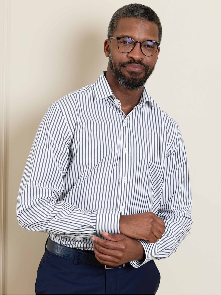 Savile Row Company Blue Slim Fit Striped Cotton Poplin Single Cuff Formal Shirt - Image 1 of 5 Savile Row Company Blue Slim Fit Striped Cotton Poplin Single Cuff Formal Shirt - Image 1 of 5