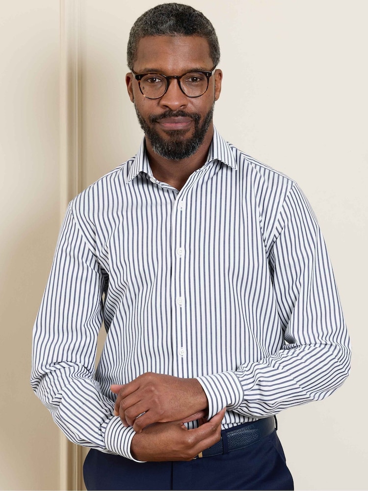 Savile Row Company Blue Slim Fit Striped Cotton Poplin Single Cuff Formal Shirt - Image 2 of 5 Savile Row Company Blue Slim Fit Striped Cotton Poplin Single Cuff Formal Shirt - Image 2 of 5
