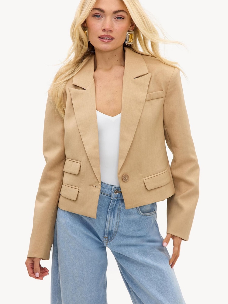 LOAVIES Brown Air Between Layers Cropped Blazer With Shoulder Pads - Image 1 of 5