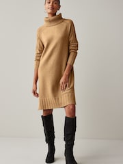 Camel Brown Roll Neck Rib Jumper Dress - Image 1 of 7