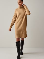 Camel Brown Roll Neck Rib Jumper Dress - Image 2 of 7