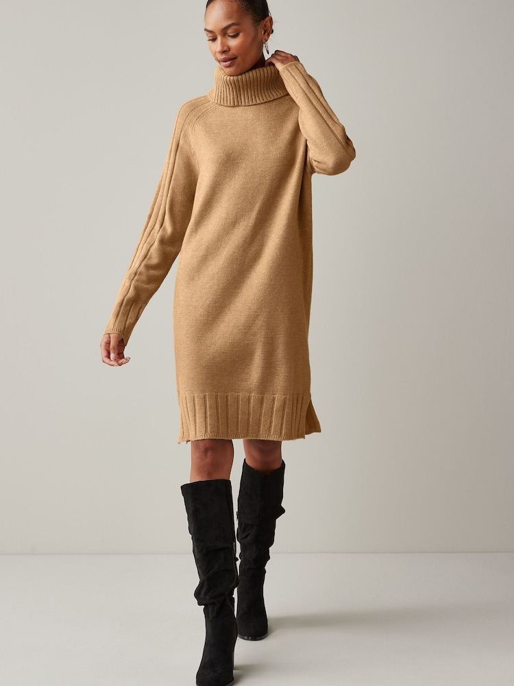 Camel Brown Roll Neck Rib Jumper Dress - Image 2 of 7 Camel Brown Roll Neck Rib Jumper Dress - Image 2 of 7