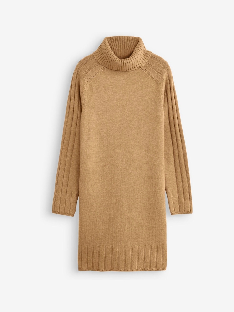 Camel Brown Roll Neck Rib Jumper Dress - Image 7 of 7 Camel Brown Roll Neck Rib Jumper Dress - Image 7 of 7