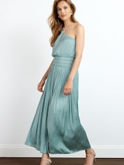 Blue Satin One Shoulder Pleated Midi Dress - Image 1 of 5