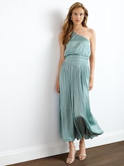 Blue Satin One Shoulder Pleated Midi Dress - Image 2 of 5