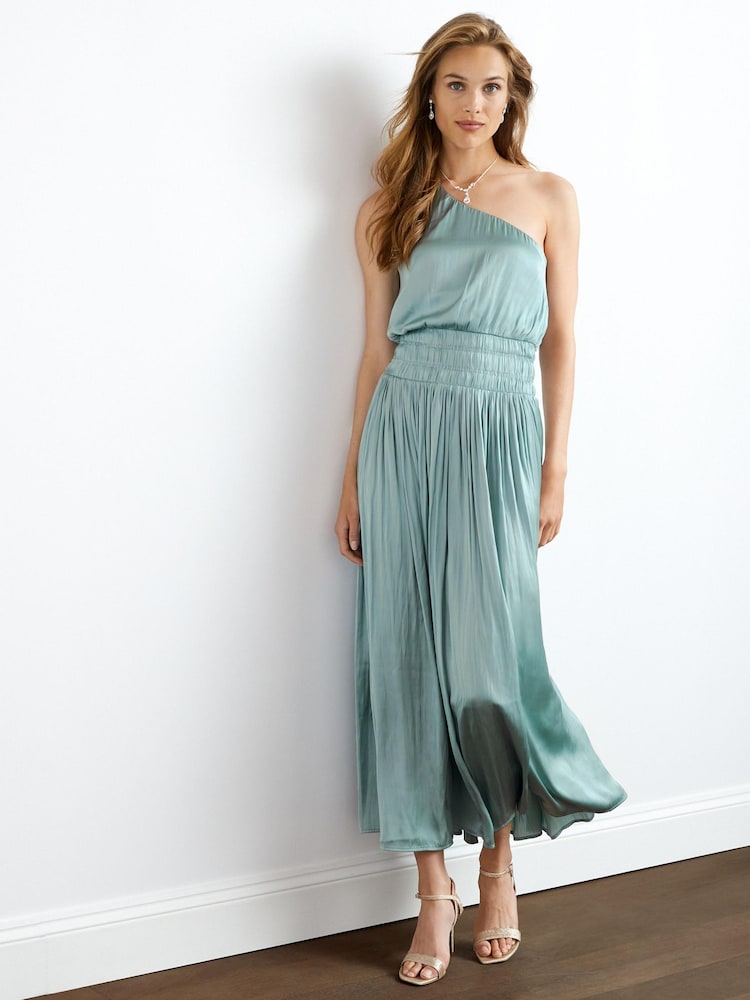 Blue Satin One Shoulder Pleated Midi Dress - Image 2 of 5
