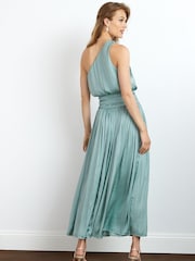 Blue Satin One Shoulder Pleated Midi Dress - Image 3 of 5