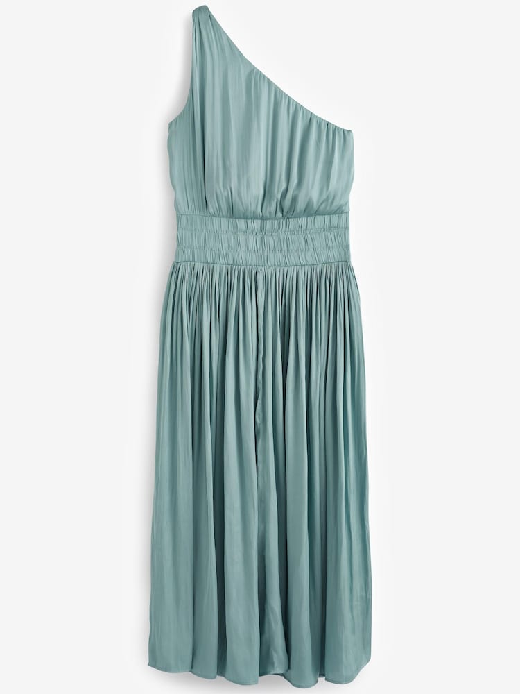 Blue Satin One Shoulder Pleated Midi Dress - Image 5 of 5