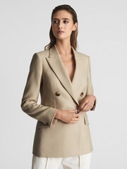 Reiss Neutral Logan Double Breasted Twill Blazer - Image 1 of 5