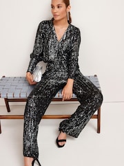 Black Wide Leg Sequin Trousers - Image 1 of 6
