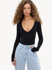 LOAVIES Black Feather Light Slim Fit Bodysuit - Image 1 of 5