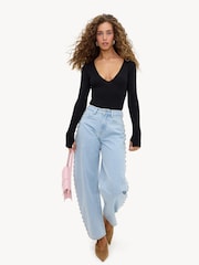 LOAVIES Black Feather Light Slim Fit Bodysuit - Image 2 of 5