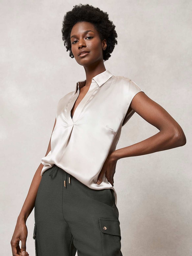 Mint Velvet Cream Silk V-Neck Shirt - Image 2 of 4