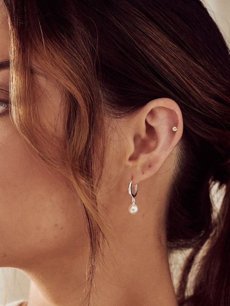 Orelia London Pearl Drop Huggie Hoop Earrings - Image 2 of 2