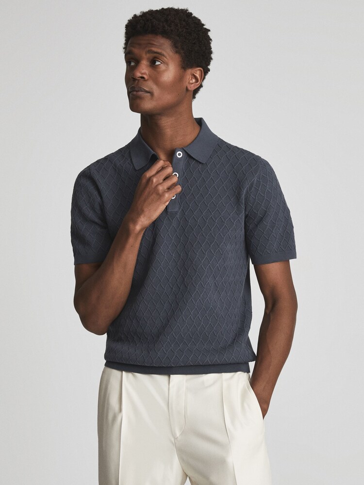 Azul acero - Polo camiseta con textura y pespuntes de rombos Dollar de Reiss - Imagen 1 de 7