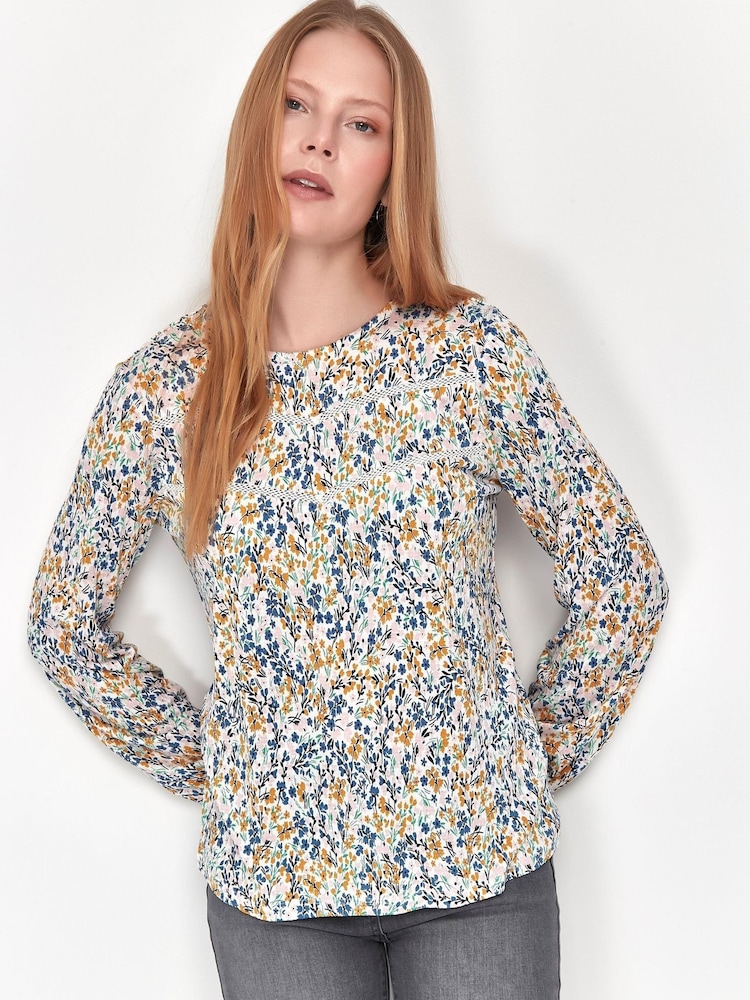 M&Co Cream Floral Crinkle Long Sleeve Top - Image 1 of 5