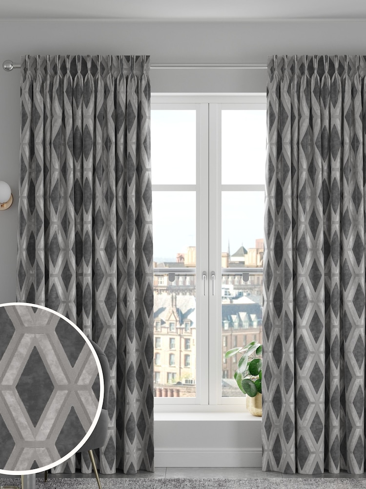 Charcoal Grey Collection Luxe Heavyweight Geometric Cut Velvet Made To Measure Curtains - Image 1 of 9