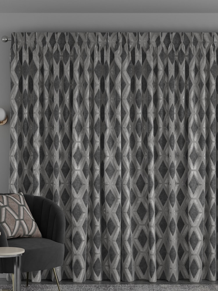 Charcoal Grey Collection Luxe Heavyweight Geometric Cut Velvet Made To Measure Curtains - Image 2 of 9