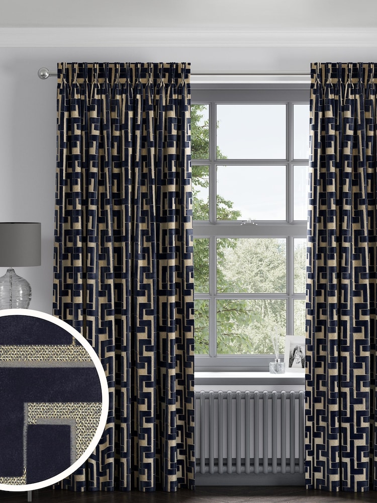 Blue Luxe Fretwork Made to Measure Curtains - Image 1 of 9