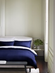 Jasper Conran London Navy Blue Deep Fitted Cotton 300 Thread Sheet - Image 1 of 5