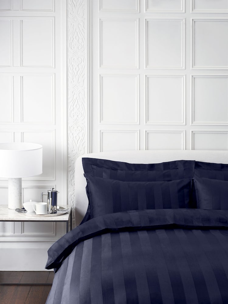Jasper Conran London Navy Blue 500 Thread Count Satin Stripe 100% Cotton Duvet Cover - Image 1 of 4