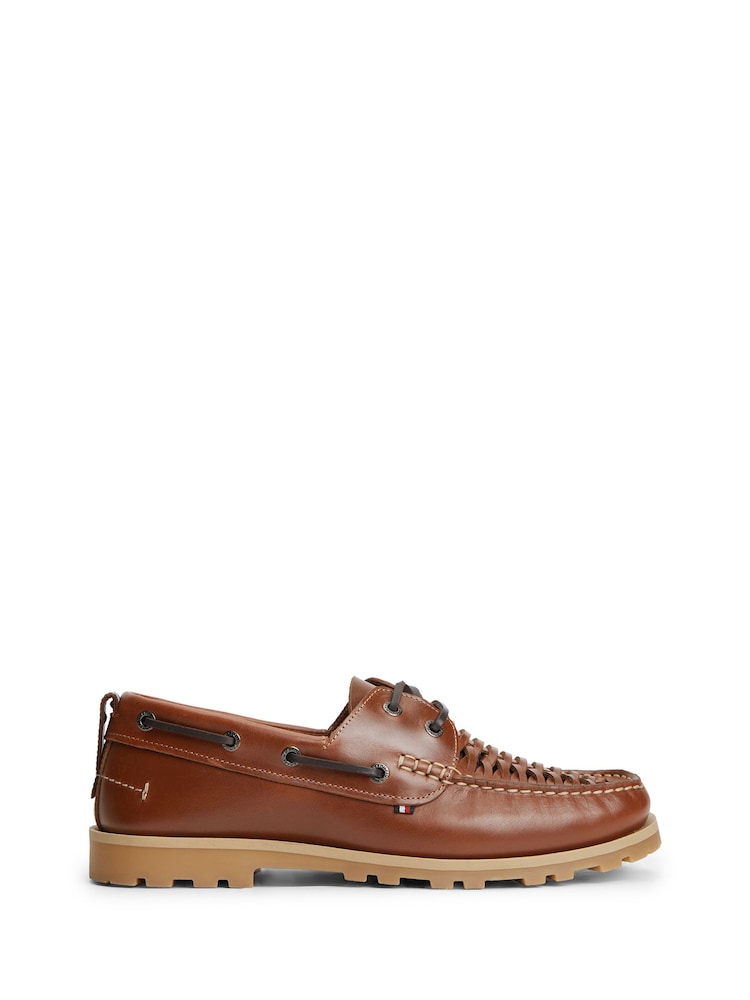 Tommy Hilfiger Brown Leather Braided Boat Shoes - Image 1 of 7
