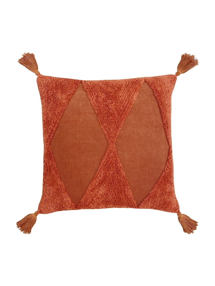 Furn Rust Brown Kantha 100% Cotton Tassel Corduroy Cushion - Image 1 of 7