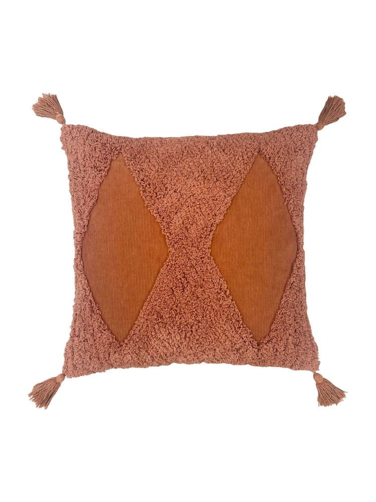 Furn Rust Brown Kantha 100% Cotton Tassel Corduroy Cushion - Image 2 of 7