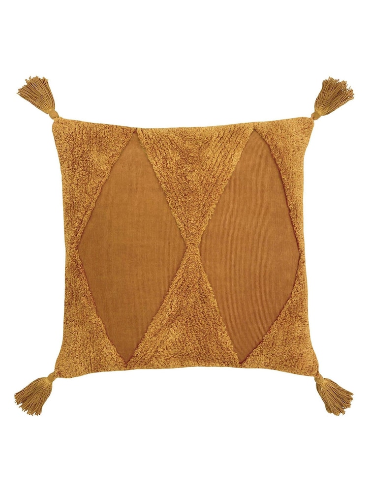 Furn Ginger Brown Kantha 100% Cotton Tassel Corduroy Cushion - Image 1 of 6
