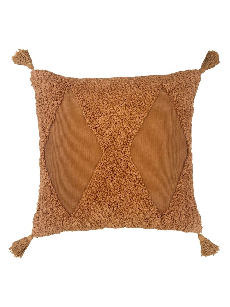 Furn Ginger Brown Kantha 100% Cotton Tassel Corduroy Cushion - Image 2 of 6