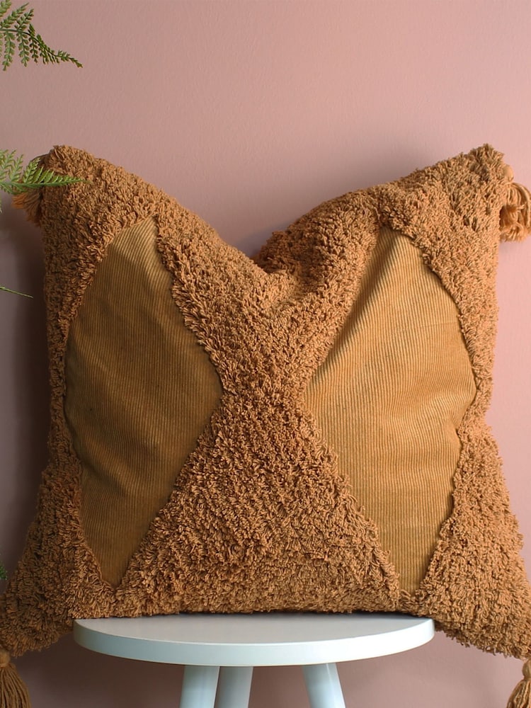 Furn Ginger Brown Kantha 100% Cotton Tassel Corduroy Cushion - Image 6 of 6