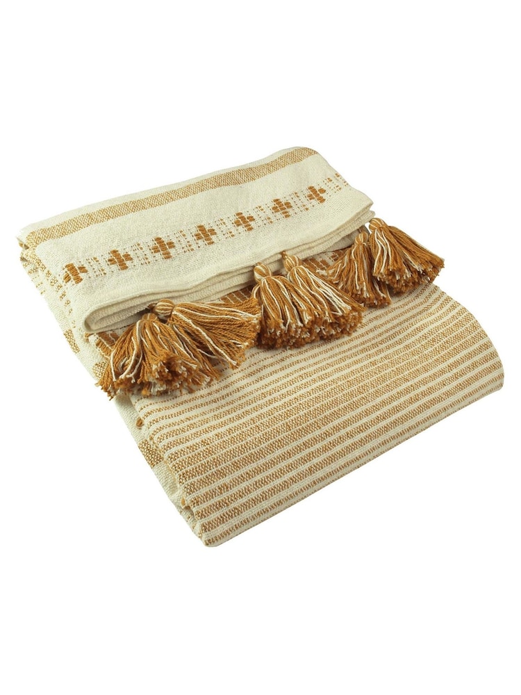 furn. Yellow Pangea Tasselled Woven 100% Cotton Throw - Image 1 of 1