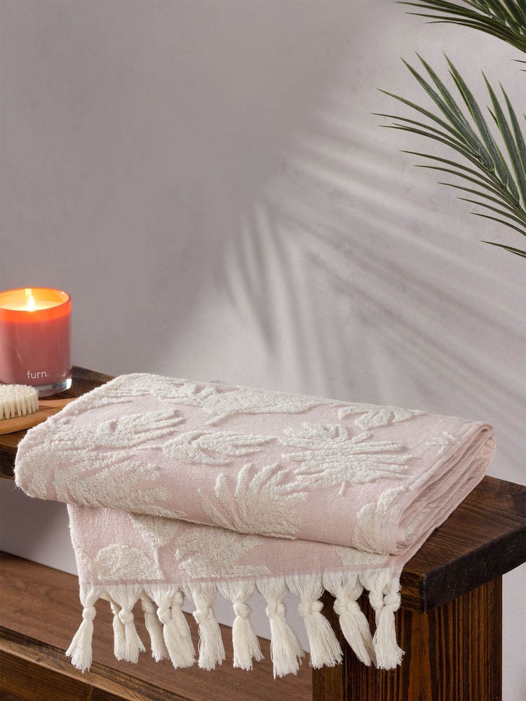 furn. Blush Pink 100% Cotton Tropics Hamman Style Tassel Bath Towel - Image 1 of 6