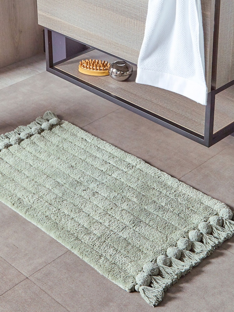 Yard Sage Green Ribbed Tassel 100% Cotton Anti-Slip Bath Mat - Image 1 of 2