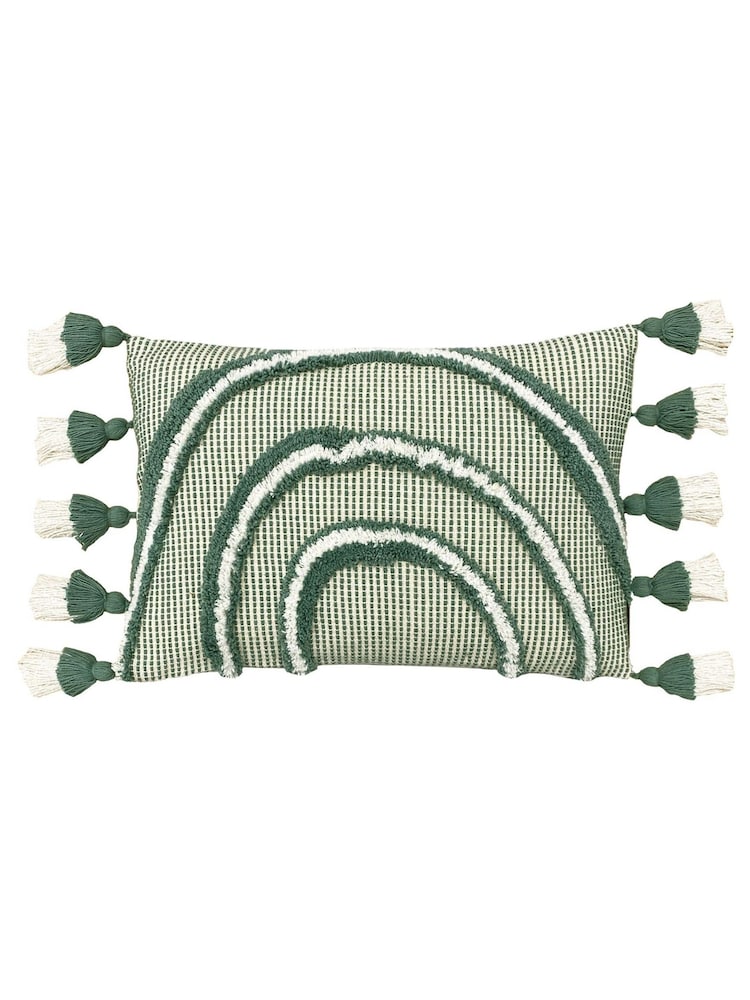 Furn Sage Green Rainbow 100% Cotton Tufted Tasselled Cushion - Image 1 of 4 Furn Sage Green Rainbow 100% Cotton Tufted Tasselled Cushion - Image 1 of 4