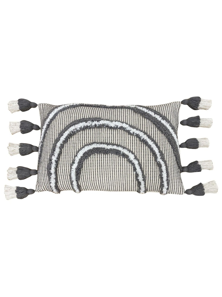 Furn Grey 100% Cotton Rainbow Tufted Tasselled Cushion - Image 1 of 4