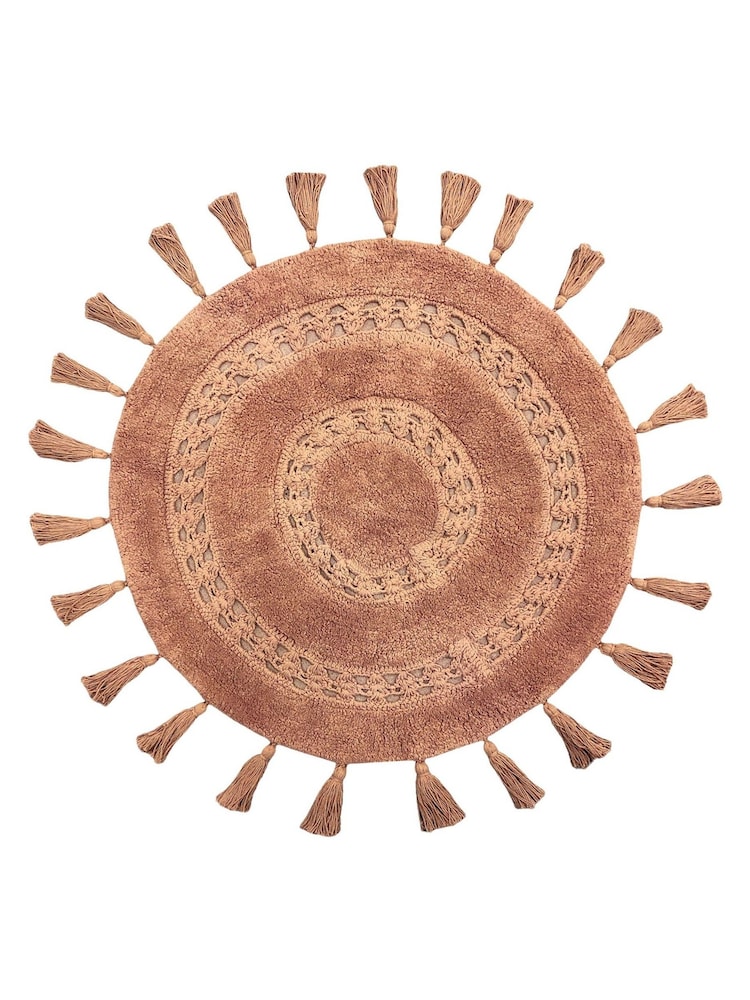 furn. Pecan Brown Circle Tassel Tufted Cotton 100% Cotton Bath Mat - Image 2 of 3