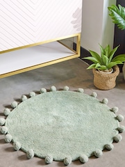 furn. Sage Green Circle Pom Pom Cotton 100% Cotton Bath Mat - Image 1 of 2